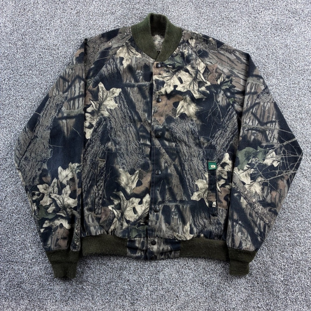 Vintage Mossy Oak Bomber Jacket Mens Large Green Camo Cotton Blend USA Made